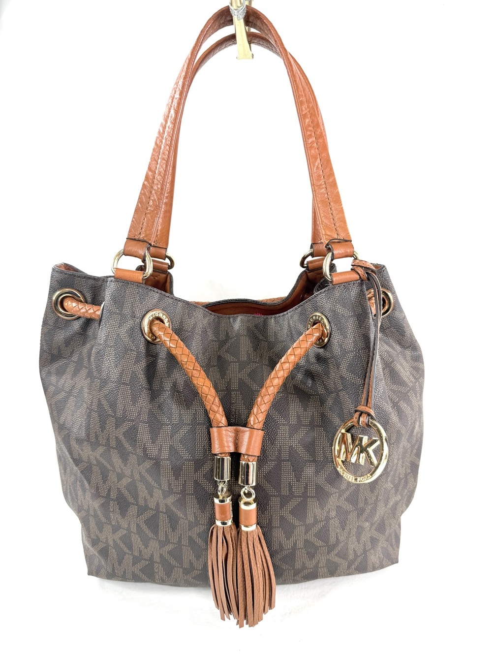 Michael Kors Jet Set Brown Signature Coated Canvas Bucket Bag Tassels Grommets